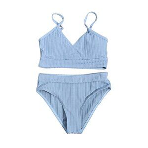NWOT | Girls Blue Ribbed V-Neck Wrap Top & High Waisted Bikini Set | Size 4